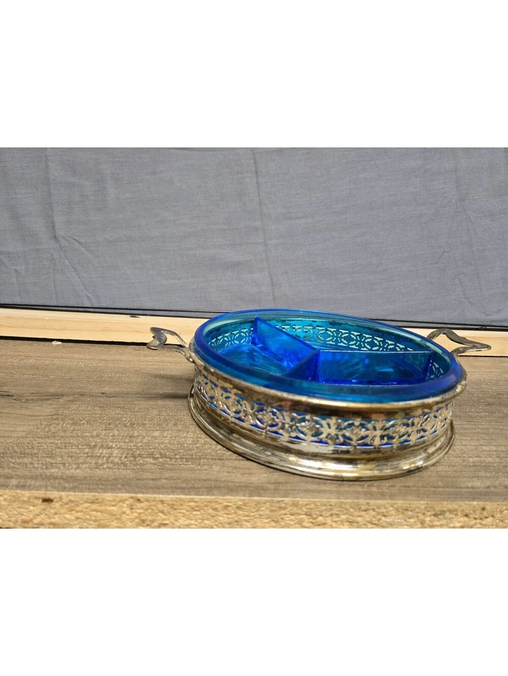Vintage Blue Glass Divided Serving Dish with Silver Metal Pl